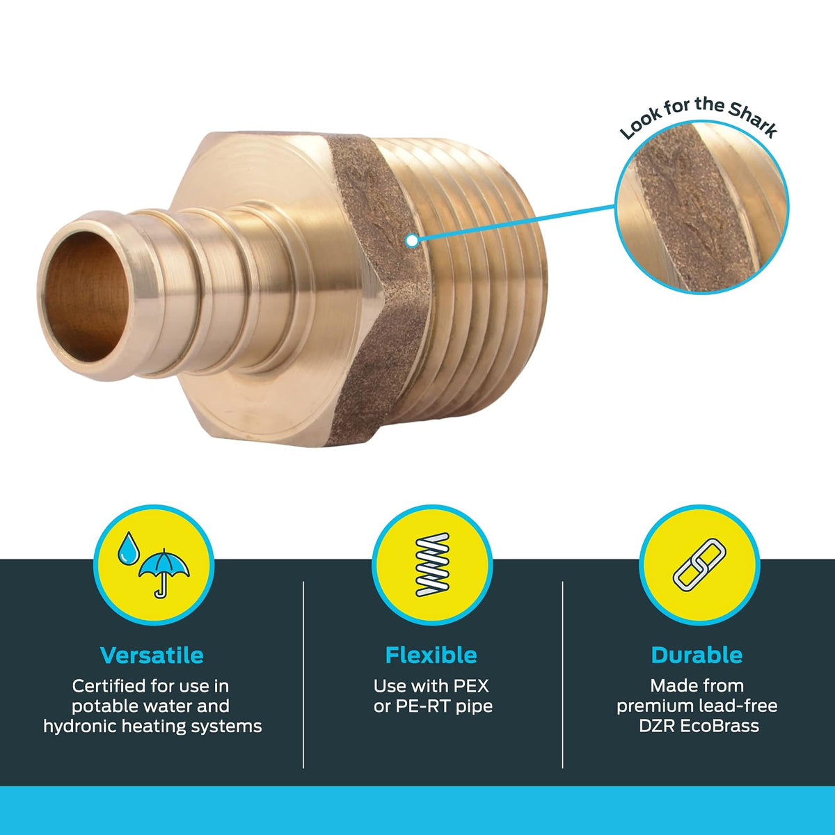 SharkBite Adaptador macho MNPT de 1/2 pulgada, paquete de 10, ajuste de fontanería de latón, tubo PEX, cobre, UC120LFA10
