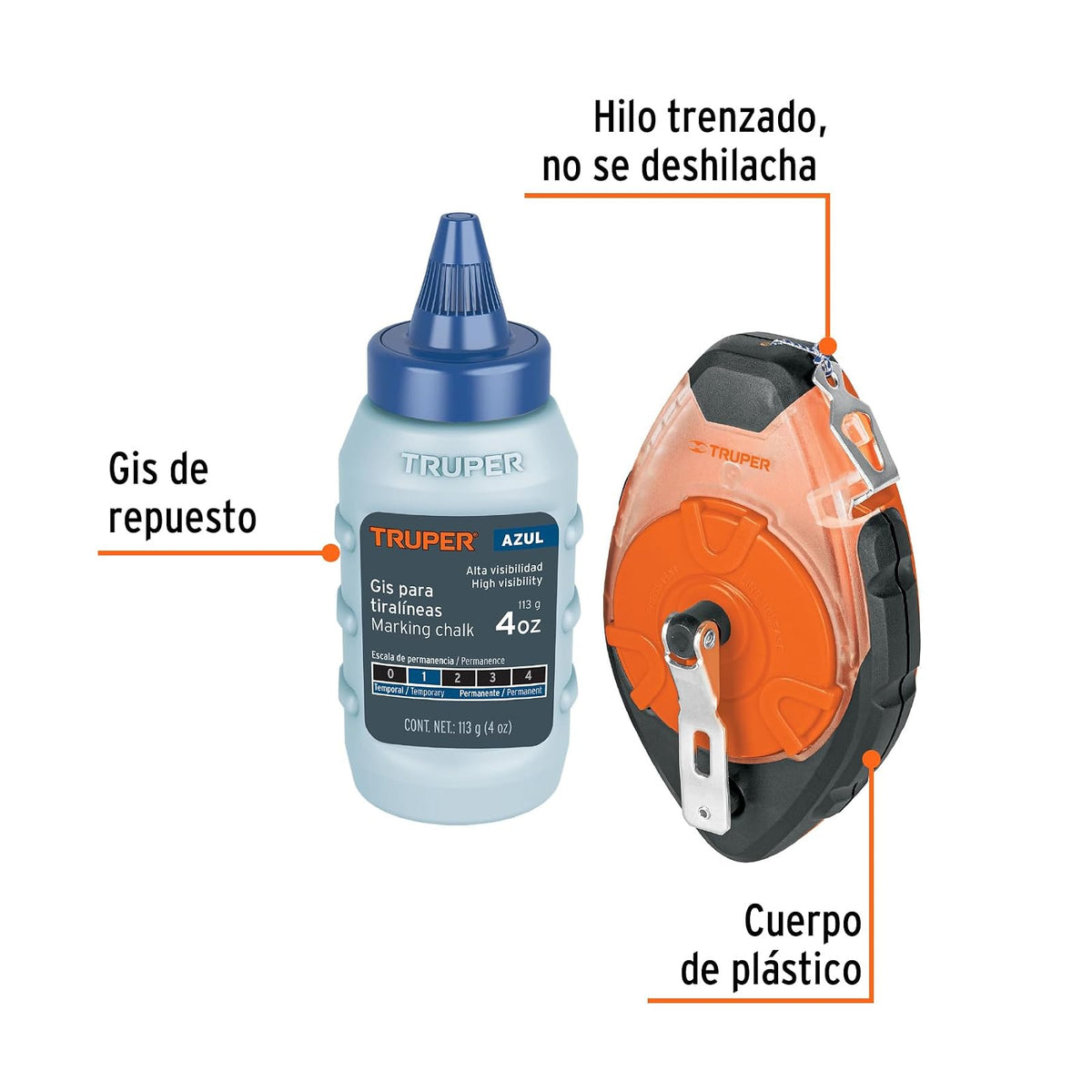 Truper TL-100, Tiralíneas 100 ft, cuerpo de plástico, incluye gis
