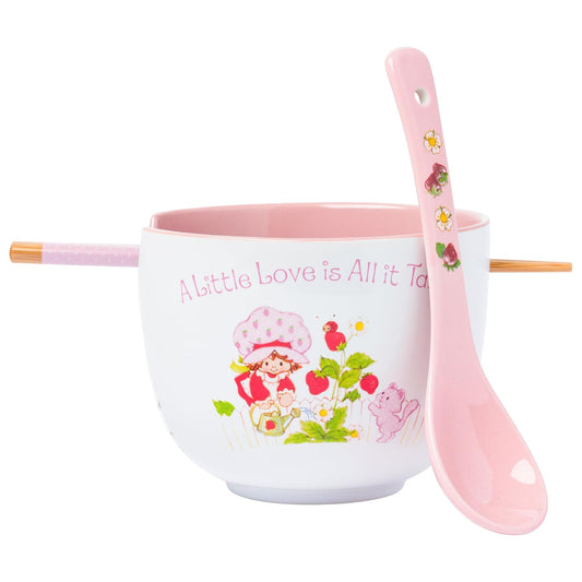 Silver Buffalo Strawberry Shortcake and Custard "A Little Love is All it Takes" - Tazón de ramen de cerámica con palillos y cuchara, 20 onzas