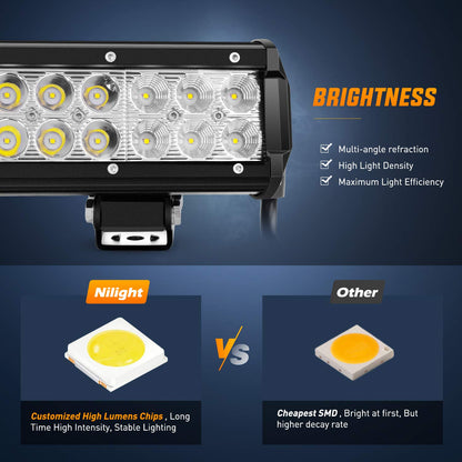 Nilight Barra de luz LED, 2 Unidades, 12 Pulgadas, 72 W, Combo de inundación de Puntos con arnés de cableado Todoterreno, 2 años de garantía (ZH030)