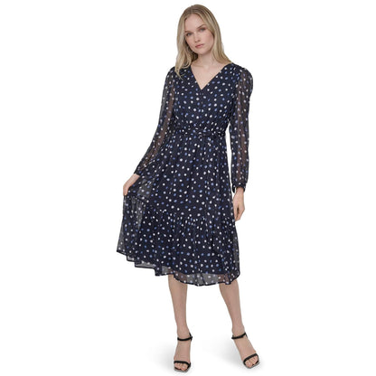DKNY Long Sleeve V-Neck Tie Waist Midi Dress Vestido Mujer