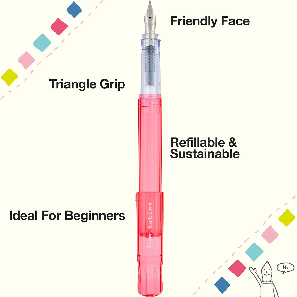 PILOT Pluma Fuente Kakuno, barril color coral traslúcido, punto mediano, estuche con una pieza