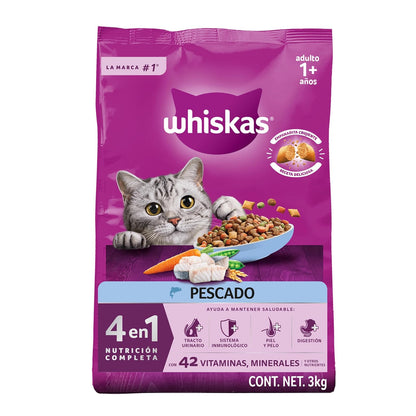 Whiskas Alimento Seco para Gatos Adultos 4 en 1, 100% Nutrición Completa y – Sabor Pescado 3kg