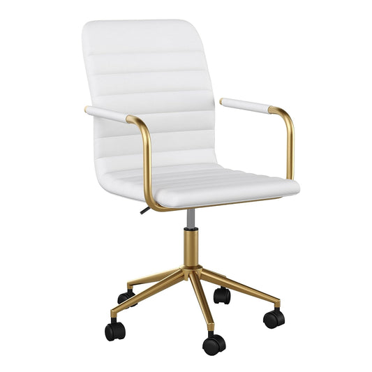 Martha Stewart Taytum - Silla giratoria con reposabrazos para Oficina en casa en Piel sintética Blanca con Marco de latón Pulido