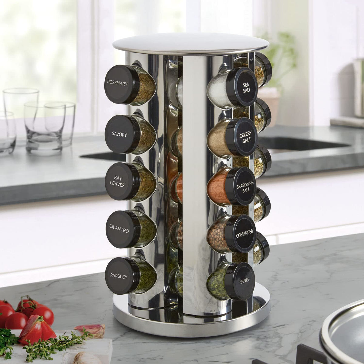 Kamenstein Organizador Giratorio de Torre para encimera de 20 tarros con recambios de Especias Gratis para 5 años, Acero Inoxidable Pulido con Tapas Negras