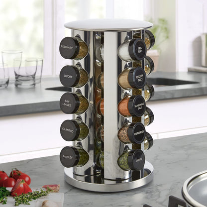 Kamenstein Organizador Giratorio de Torre para encimera de 20 tarros con recambios de Especias Gratis para 5 años, Acero Inoxidable Pulido con Tapas Negras