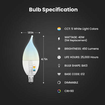 Feit Electric CA10 - foco LED con punta de llama, equivalente a 40 W, regulable, seleccionable en color de 6 vías, 5CCT, base de vela E12, 90 CRI, 450 lúmenes, foco de araña, 22 años de vida, CFF40