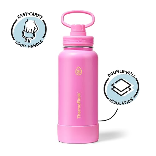 ThermoFlask - Botella de agua de acero inoxidable con doble pared aislada al aspiradora de 32 onzas, con tapa de boquilla, color rosa impactante