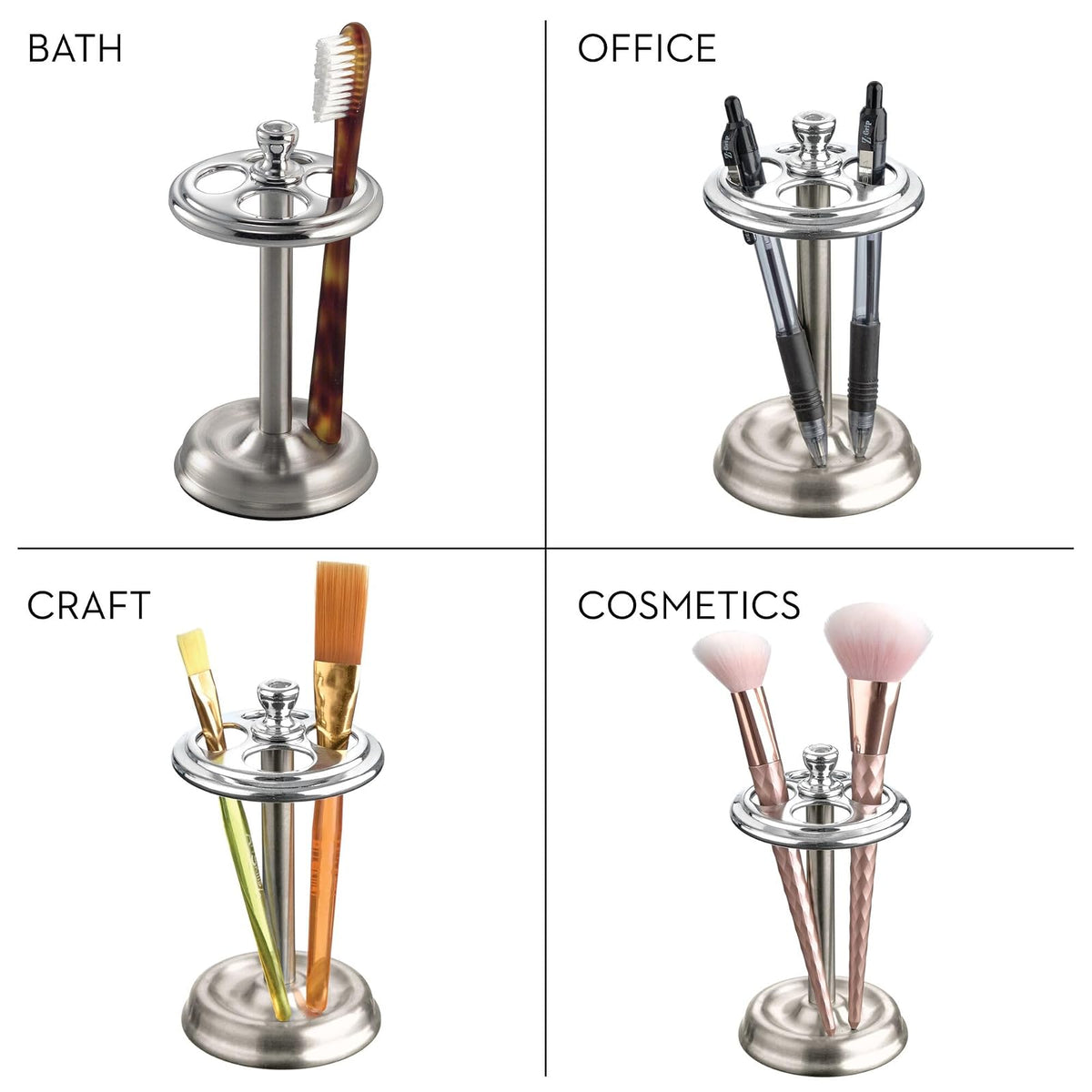 InterDesign York Metal Portacepillos de Dientes, Soporte Organizador de baño para Utensilios de Maquillaje en Acero Inoxidable, Plateado/Plateado Mate