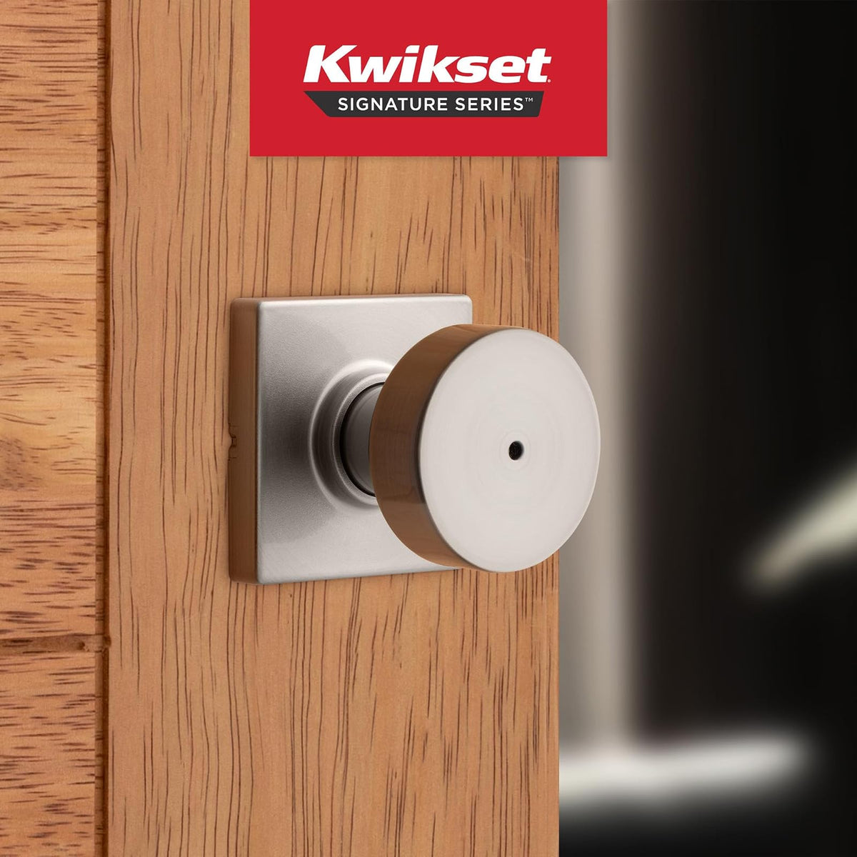 Kwikset Pismo - perilla de puerta de privacidad interior con cerradura, manija de puerta para baño y recámara, níquel satinado sin llave, con protección Microban