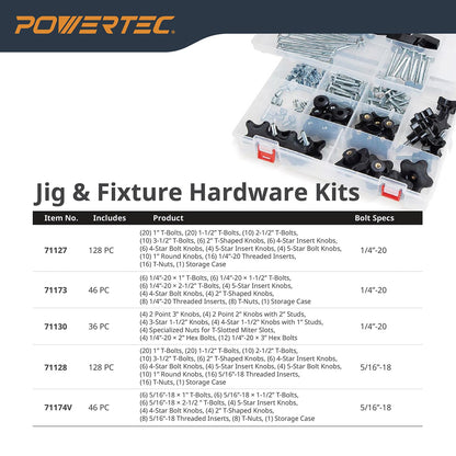 POWERTEC 71121V Juego de Pomos de Riel en T 5/16"-18, 16 Piezas para Carpintería
