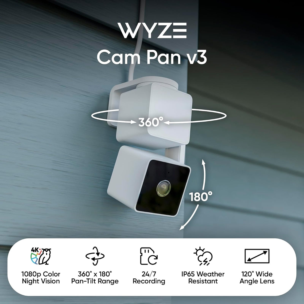WYZE CAM Pan v3 Interior/Interior/Exterior IP65 1080p Pan/Tilt/Zoom Cámara de Seguridad Inteligente para el hogar con Seguimiento de Movimiento de 360° para bebé y Mascota, visión Nocturna de Color,