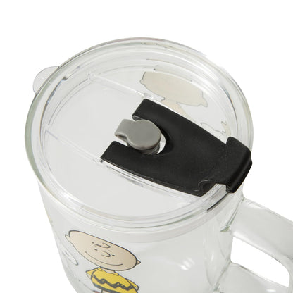 Peanuts Snoopy - Vasos de vidrio con tapas y popotes - Vaso de 40 onzas con asa y popote, botellas de agua de vidrio, vasos con popotes, tazas de café helado, taza de café de viaje, vaso de licuado