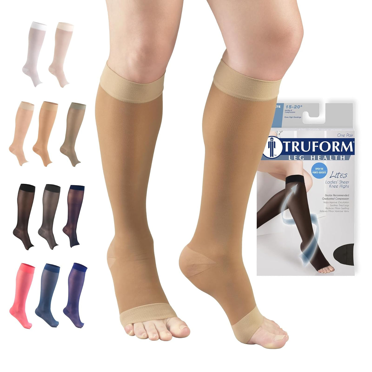Truform Sheer Compression Stockings, 15-20 mmHg, Women's Knee High Length, Open Toe, 20 Denier, Beige, Large