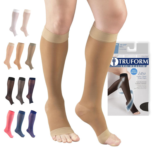 Truform Sheer Compression Stockings, 15-20 mmHg, Women's Knee High Length, Open Toe, 20 Denier, Beige, Large