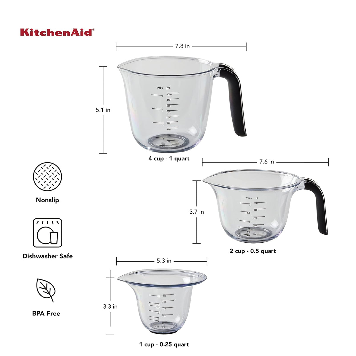 KitchenAid KQ298OSOBA Gourmet - Juego de 3 jarras medidoras, ónix