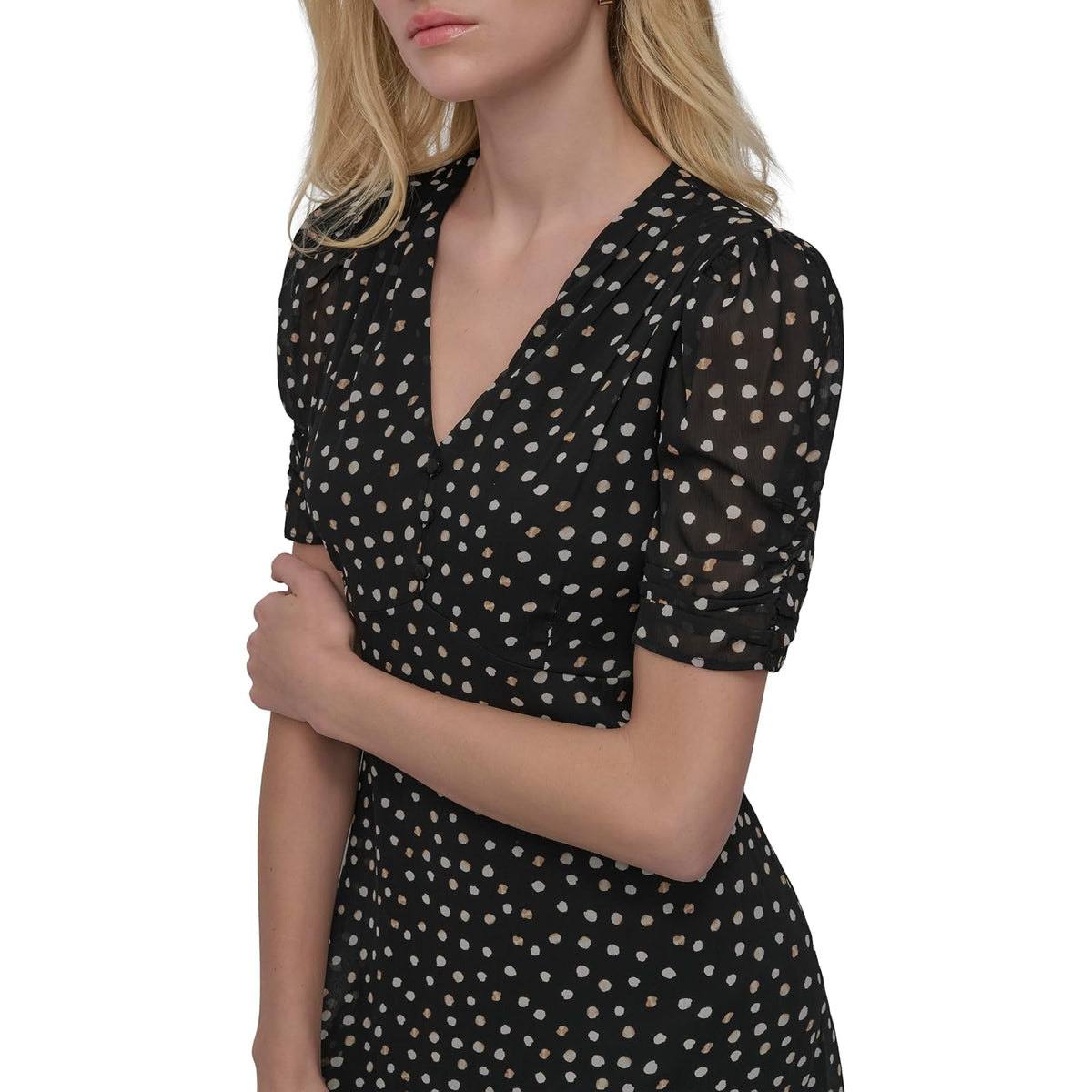 DKNY - Vestido Midi de Manga Corta con Botones en la Parte Delantera y Acampanado, para Mujer