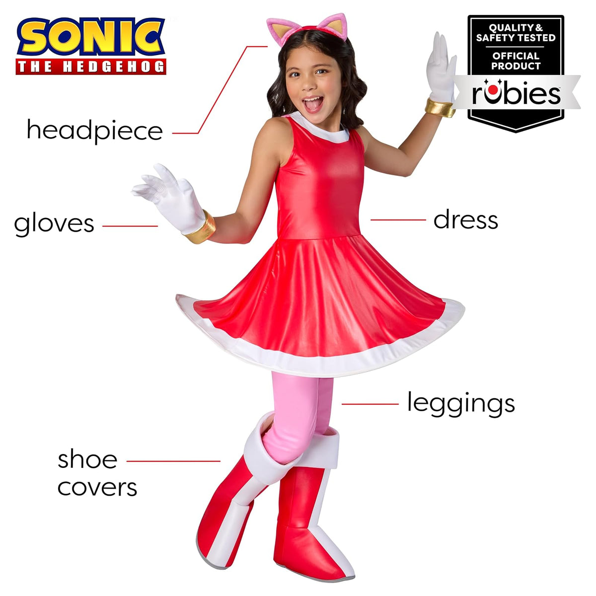 Rubies Sonic The Hedgehog: Amy Rose Disfraz de lujo para niños, niña pequeña, rosa, rojo, blanco, Small