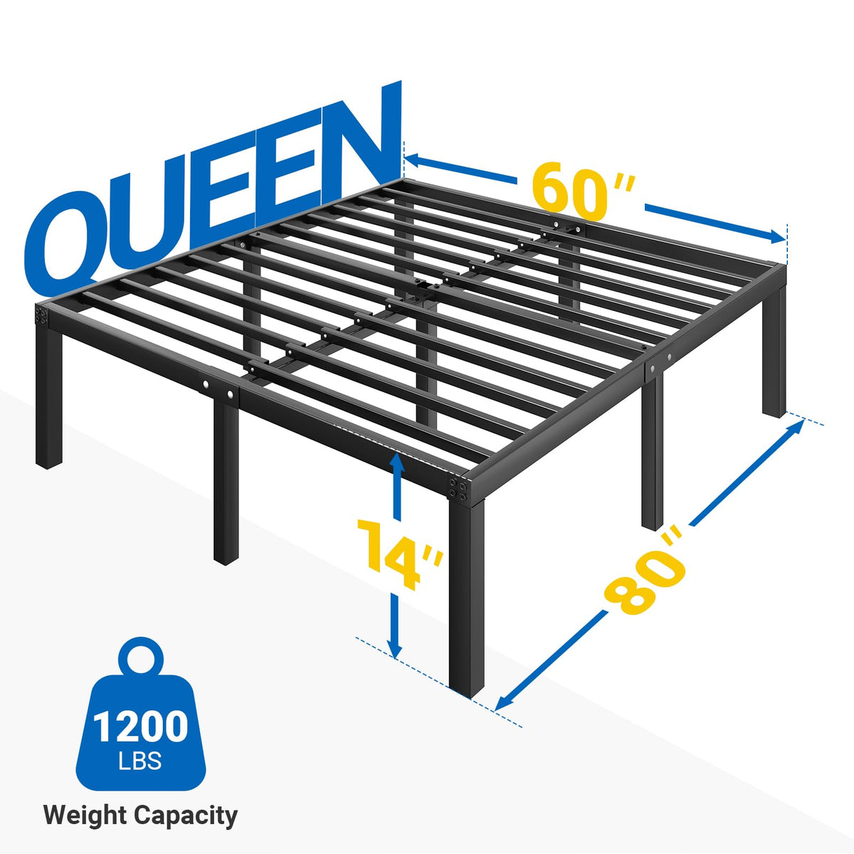 Avenco - Marco de Cama tamaño Queen de 14 Pulgadas de Alto con Plataforma de Metal tamaño Queen con Espacio de Almacenamiento Debajo de la Cama, Soporte de Listones de Acero Resistente, no Necesita