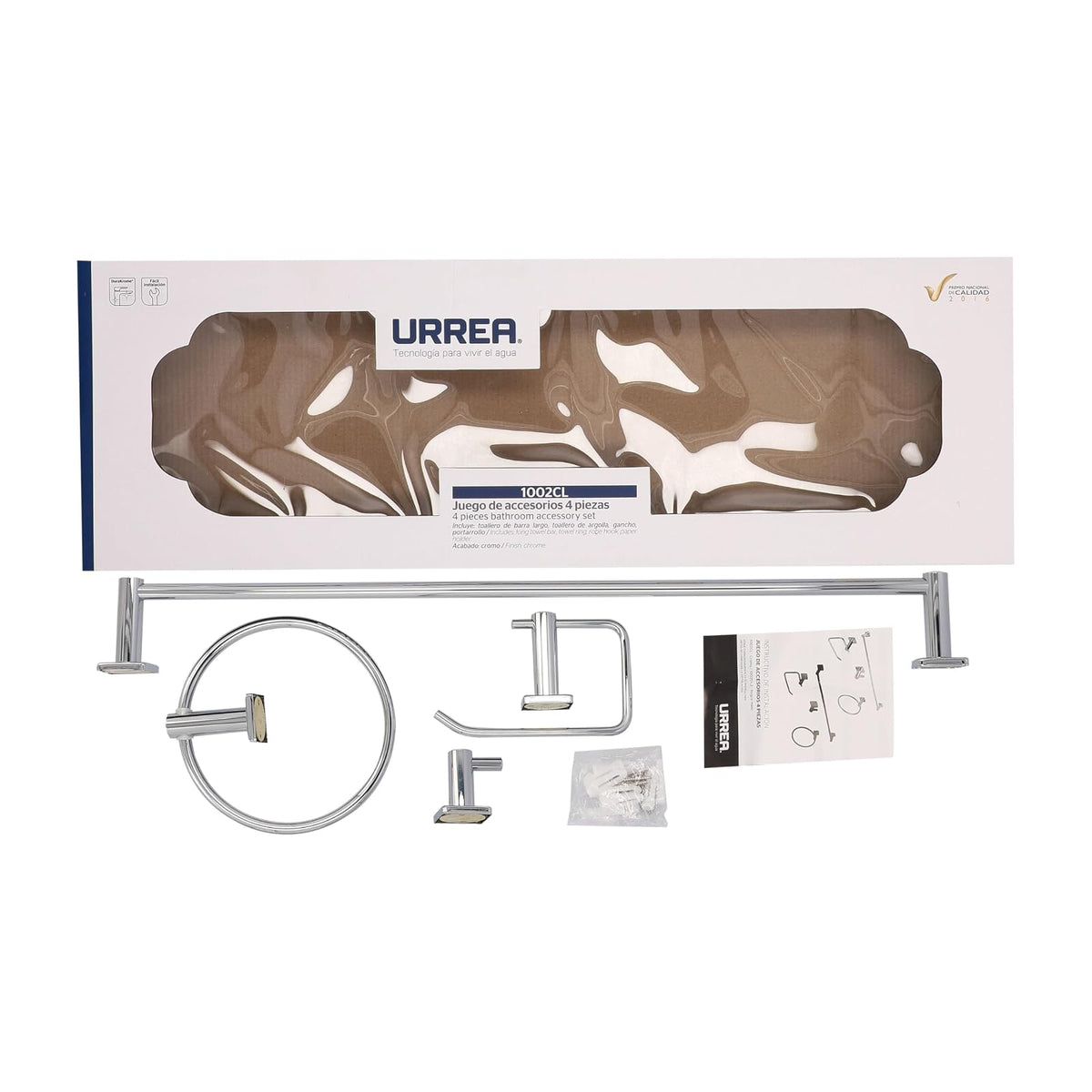 Urrea 1002CL Juego de 4 Piezas de Accesorios Modernos para baño, Latón y Acero Inoxidable cromados, garantía de 100 años en Defectos de fabricación y 10 en Acabado Cromo
