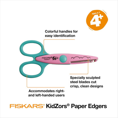 Fiskars - Tijeras decorativas para manualidades de 4 a 7 años, tijeras de manualidades para niños, diseño de zoológico con bordes en zigzag, paquete de 3