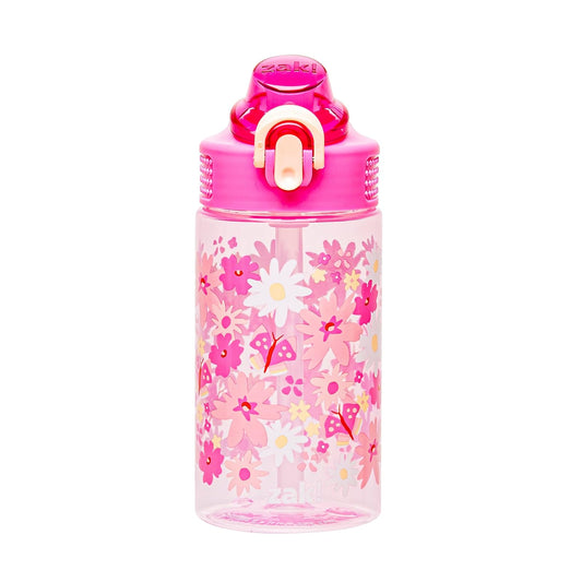 Zak Designs - Botella de agua de salvia para la escuela o los viajes, botella de agua de plástico duradera de 16 onzas con popote, mango y a prueba de fugas, cubierta de boquilla desplegable (Flower