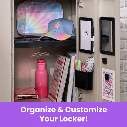 LockerMate Kit Organizador de 6 Piezas, Incluye Espejo, Pizarra Blanca, Taza de Almacenamiento y Marcador de borrado en seco, Negro