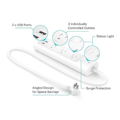 Kasa Smart Enchufe KP303, Protector de sobretensiones con 3 Tomas Inteligentes controladas Individualmente y 2 Puertos USB, Funciona con Alexa y Google Home, no Requiere concentrador, Color Blanco