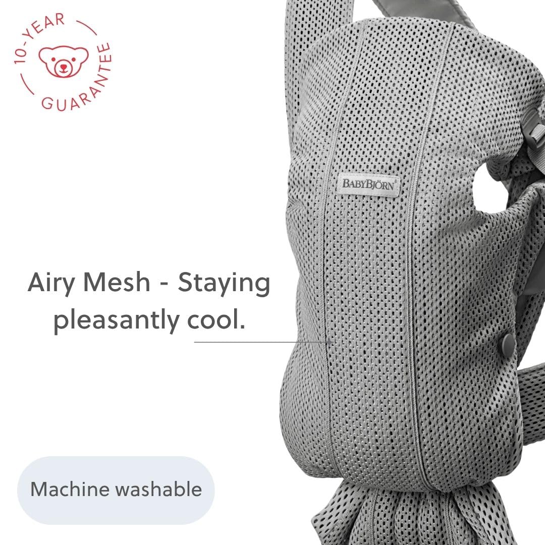 BabyBjörn Canguro Portabebé Mini, Gray, 3D Mesh | Newborn Carrier (7-15 lbs), Ergonomic, Easy-to-Use