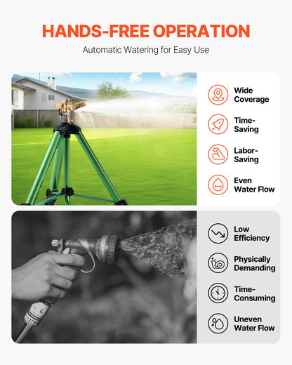 VEVOR Aspersores de Impacto con trípode, Paquete de 2, Cabezal latón 360° | Para céspedes, jardines y patios grandes, dos aspersores trípode de alta resistencia con altura ajustable y amplia cobertura.