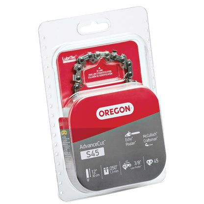 Oregon S45 AdvanceCut - Cadena de Repuesto para Barra guía de 12 Pulgadas, 45 eslabones de transmisión, Paso: Perfil bajo de 3/8 Pulgadas, Baja vibración, Calibre de 0.50 Pulgadas