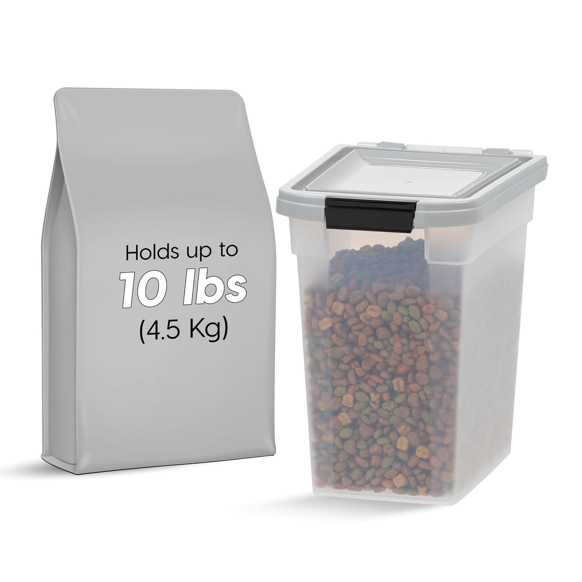 IRIS USA Contenedor para Alimento de Perro, Hasta 10 lb, Transparente/Gris | Libre de BPA, sello hermético, ideal para comida de gatos, semillas de aves, alimento de pollo, juguetes, premios y pellets