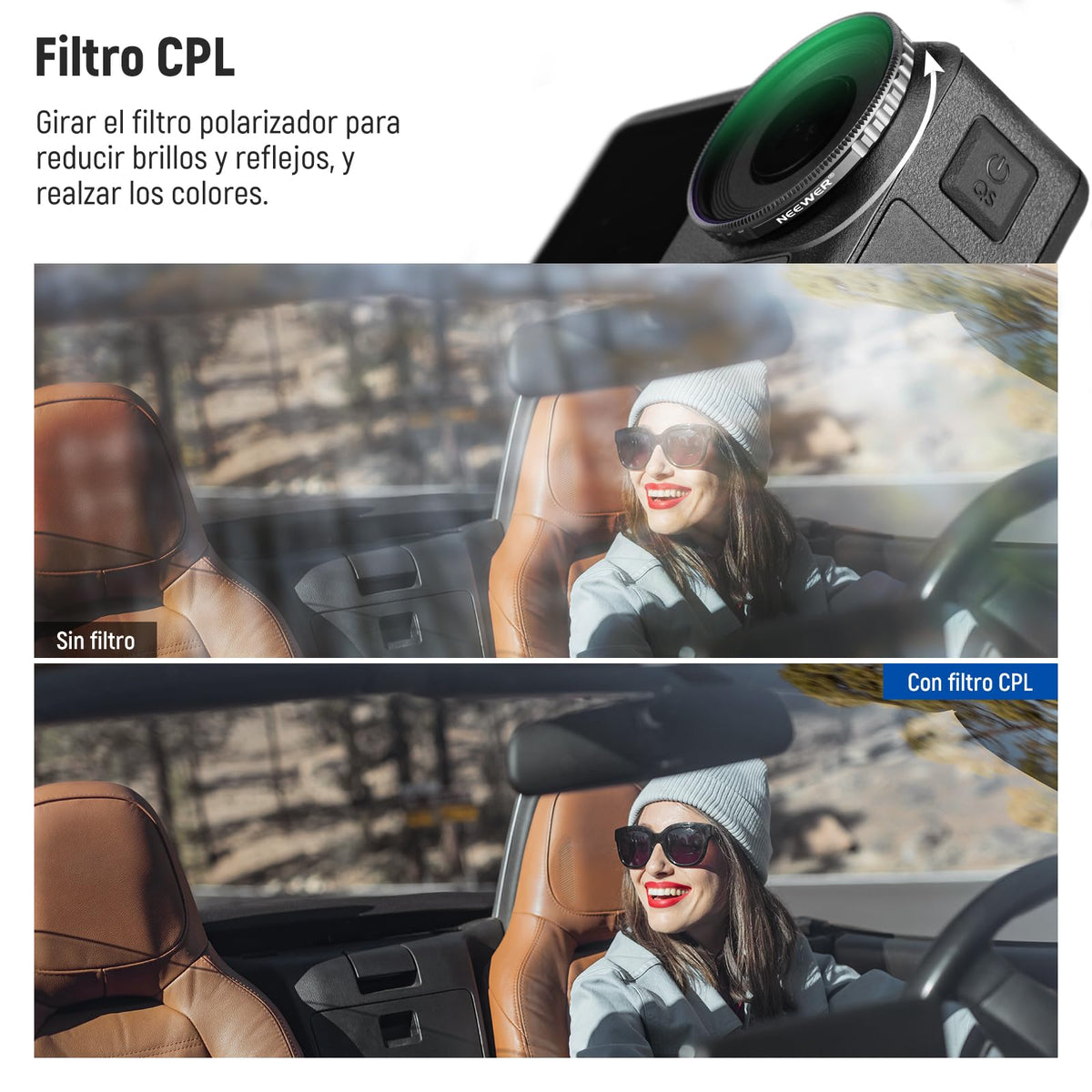Neewer - Juego de filtros ND Compatible con dji Osmo Action5 Pro/Action4, Paquete de 6 ND8 ND16 ND32 ND64 ND1000 CPL+Kit de Filtro de Densidad Neutra, Accesorios de cámara de acción, Vidrio óptico HD