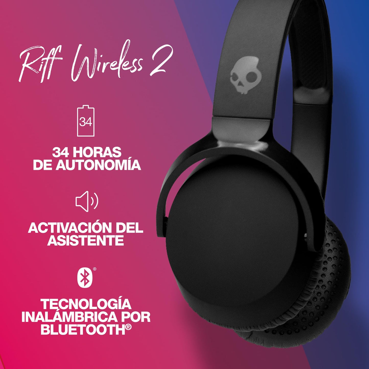 Audífonos Skullcandy Riff 2 On-Ear Inalámbricos, 34 Horas de Batería, Micrófono, Compatibles con iPhone, Android y Dispositivos Bluetooth, Negro