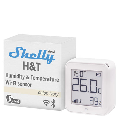 Shelly H&T Gen 3 Marfil | Sensor de Temperatura y Humedad Inteligente Wi-Fi y Bluetooth con Control y Monitorización Remotos | Escenas Inteligentes | Alertas de Notificación | Pantalla LCD