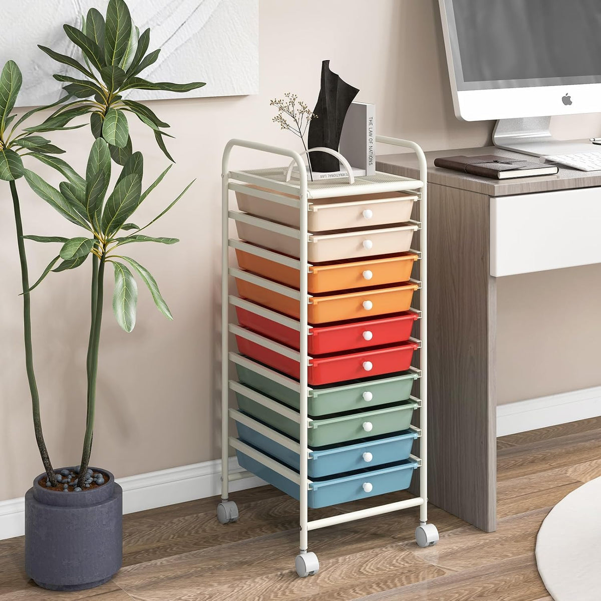 OFFICEJOY - Carrito de almacenamiento con 10 cajones, asas portátiles y ruedas con bloqueo, organizador de almacenamiento de juguetes de papel móvil de gran capacidad para el hogar, oficina, profesor