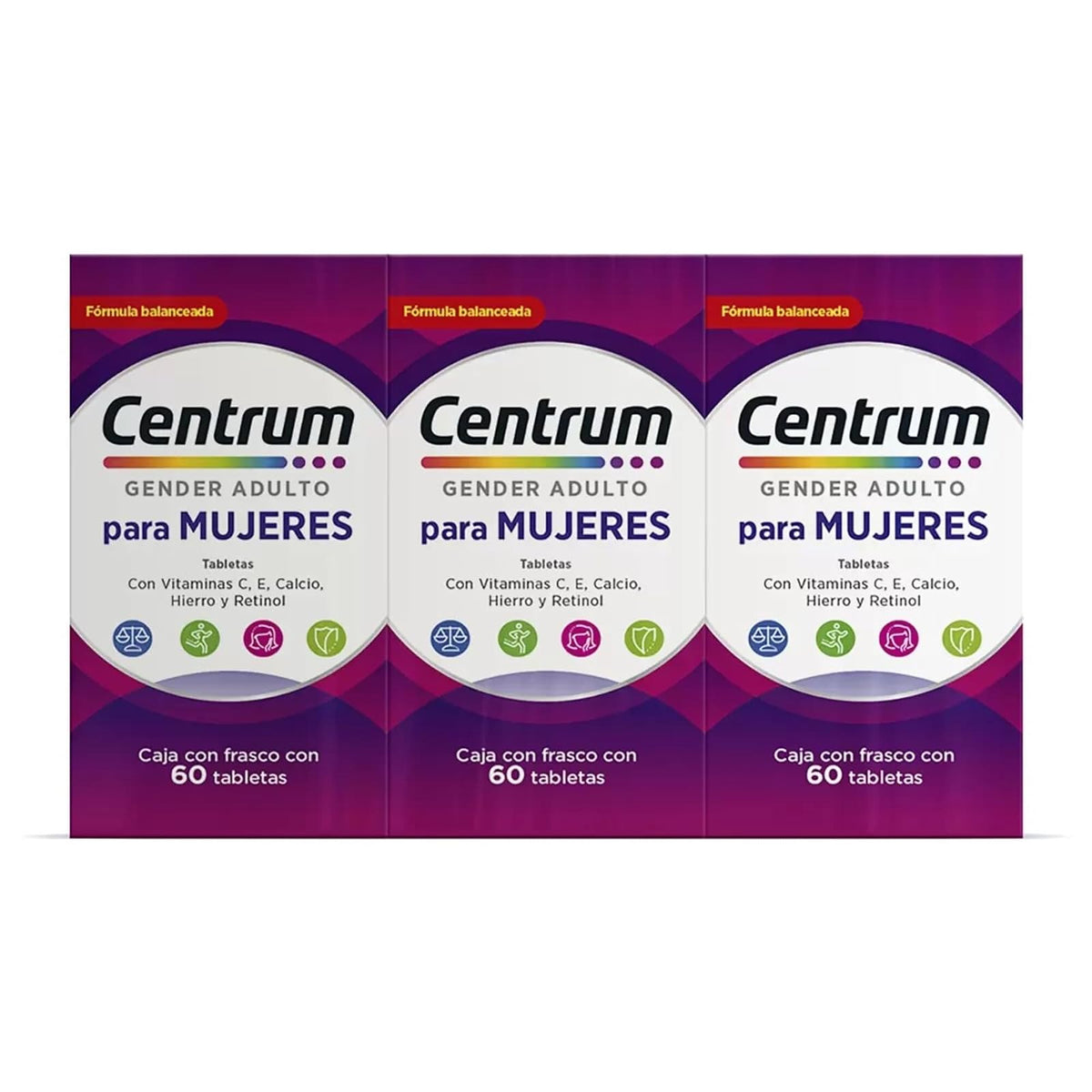 Centrum Gender Adulto Mujer Multivitaminico, Con Magnesio, Vitamina C y Vitamina E, Kit 3 Packs con 60 Tabletas Cada Uno