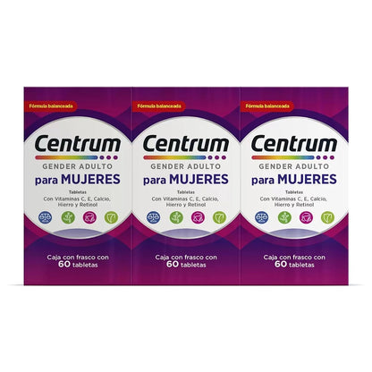 Centrum Gender Adulto Mujer Multivitaminico, Con Magnesio, Vitamina C y Vitamina E, Kit 3 Packs con 60 Tabletas Cada Uno
