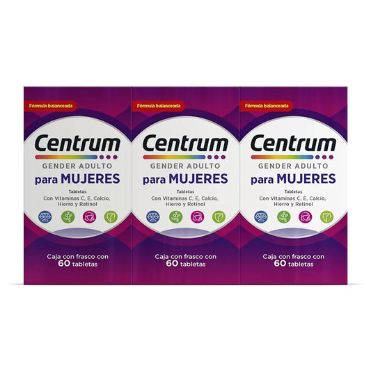Centrum Gender Adulto Mujer Multivitaminico, Con Magnesio, Vitamina C y Vitamina E, Kit 3 Packs con 60 Tabletas Cada Uno