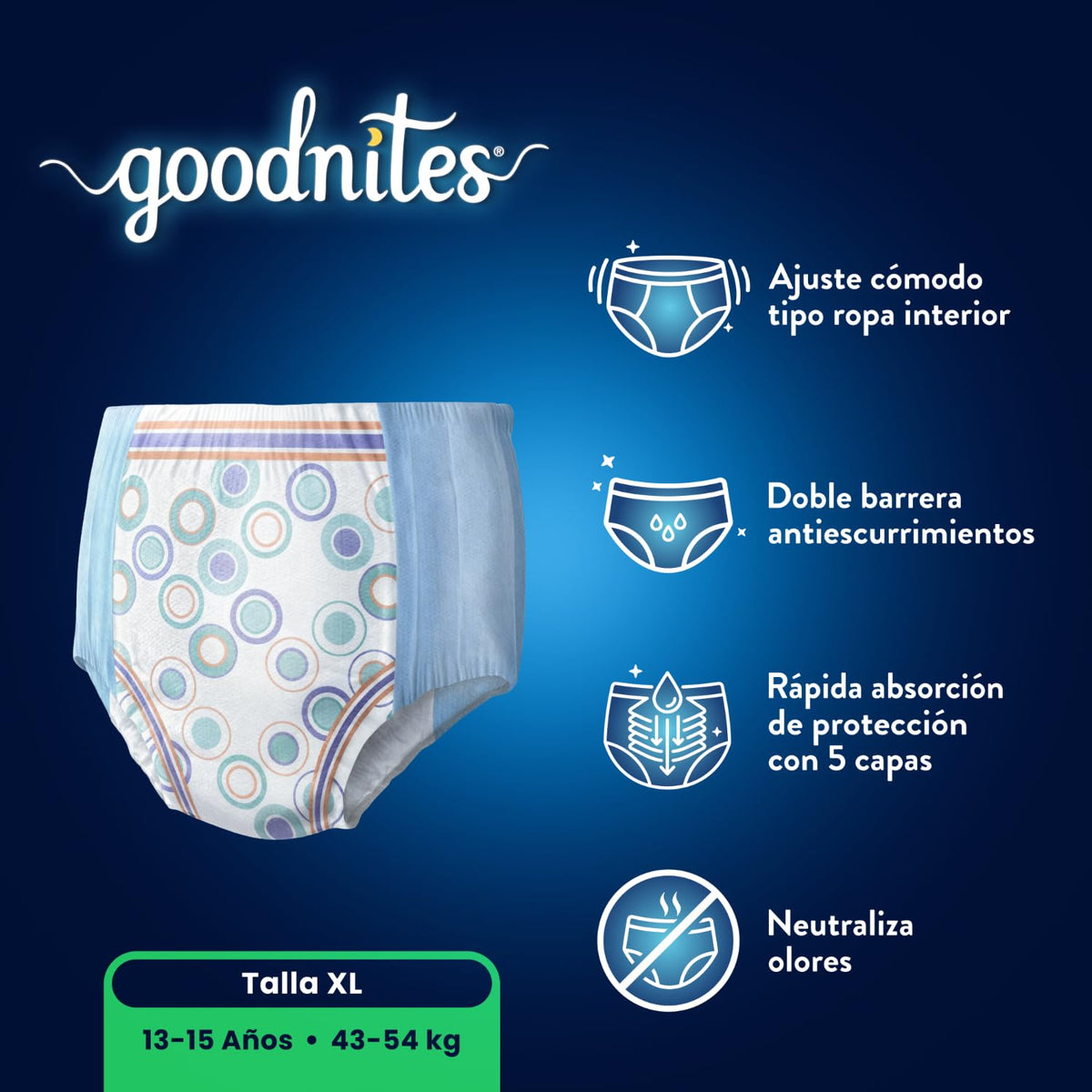 GoodNites Calzoncitos Desechables para Dormir, Talla Extra Grande Unisex, Paquete con 11 piezas, Ideal para niños de 13 a 15 años