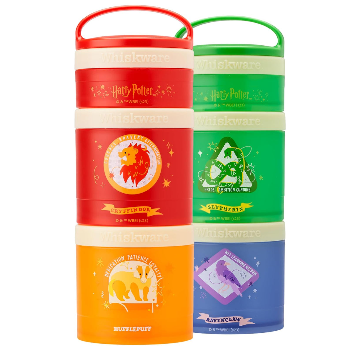 Whiskware Harry Potter - Recipientes apilables para aperitivos para niños y niños, 3 tazas apilables para la escuela y los viajes, juego de casa, paquete de 2 unidades