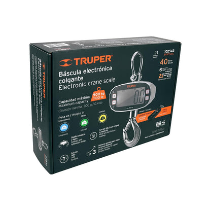 Truper BASE-500C, Báscula electrónica colgante 500 kg recargable diseño compacto y ligero