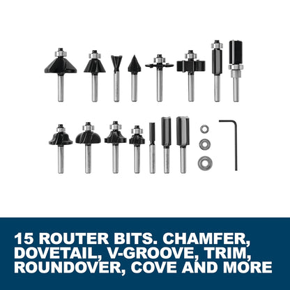 BOSCH RBS015MBS 15-Piece (Universally Compatible Accessory) Carbide-Tipped Wood Router Bit Assorted Set