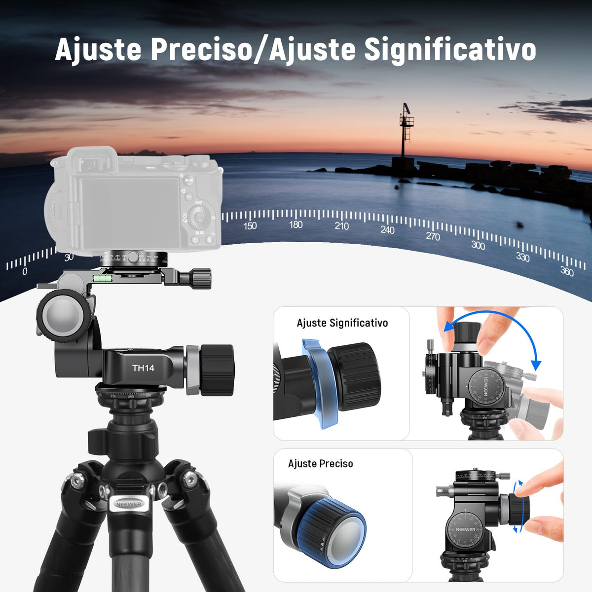 NEEWER Cabezal Trípode con Engranaje Bidireccional Microajuste Milimétrico Pan Tilt Head Aleación Aluminio, 360° Placa Panorámica Arca QR Compatible con Sony Canon Nikon DSLR, Carga Máx 13.2lb, TH14