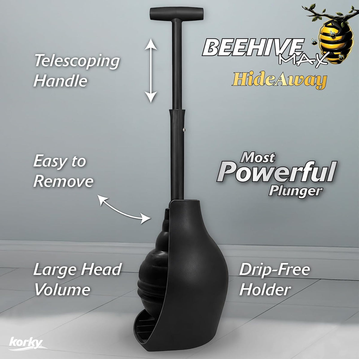 Korky Hideaway Émbolo de Inodoro Resistente Negro con Soporte