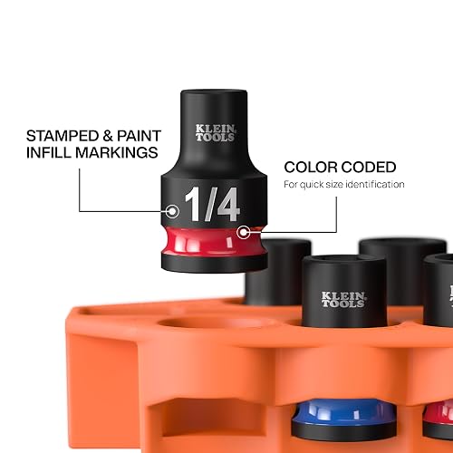 Klein Tools 33809 Grab-And-Go Impact Socket Set, SAE, juego de 10 piezas con manga, mosquetón y unidad de 3/8 pulgadas, codificación por colores de 1/4, 5/16, 3/8, 7/16, 1/2, 9/16, 5/8, 11/16 y 3/4