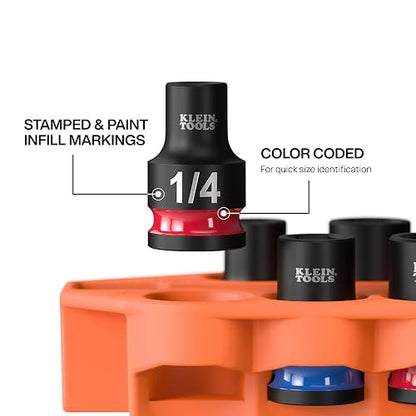 Klein Tools 33809 Grab-And-Go Impact Socket Set, SAE, juego de 10 piezas con manga, mosquetón y unidad de 3/8 pulgadas, codificación por colores de 1/4, 5/16, 3/8, 7/16, 1/2, 9/16, 5/8, 11/16 y 3/4