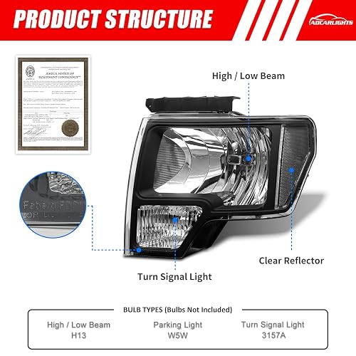 Adcarlights Faros Delanteros para Ford F-150 2009-2014, Carcasa Negra, Lente Transparente, Par