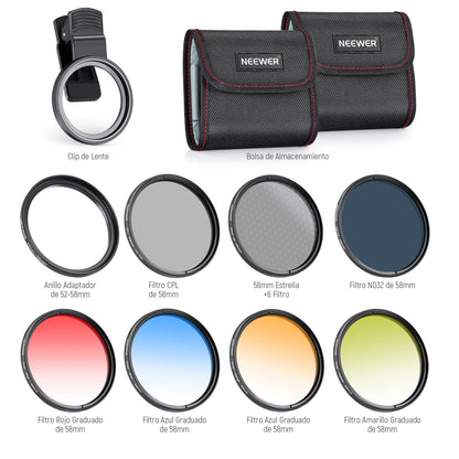 NEEWER 58mm Kit de Filtro de Lente con Clip de Lente de Teléfono, CPL, ND32, Filtro Estrella 6 Puntos, Filtros Graduados (4 Colores), Compatible con iPhone 16 15 14 Pro MAX 13 12 11 Canon Nikon Sony