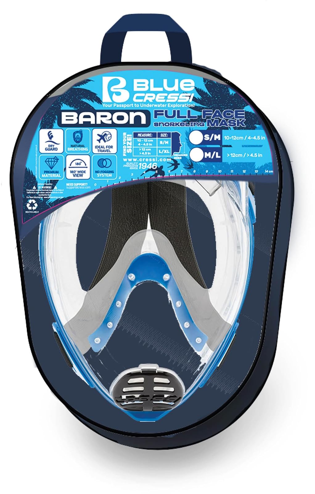 Cressi - Máscara de Snorkel para Adultos, Amplia visión Clara, Sistema antivaho, fácil respiración: Seguridad Primero, Baron: diseñado en Italia: Calidad Desde 1946